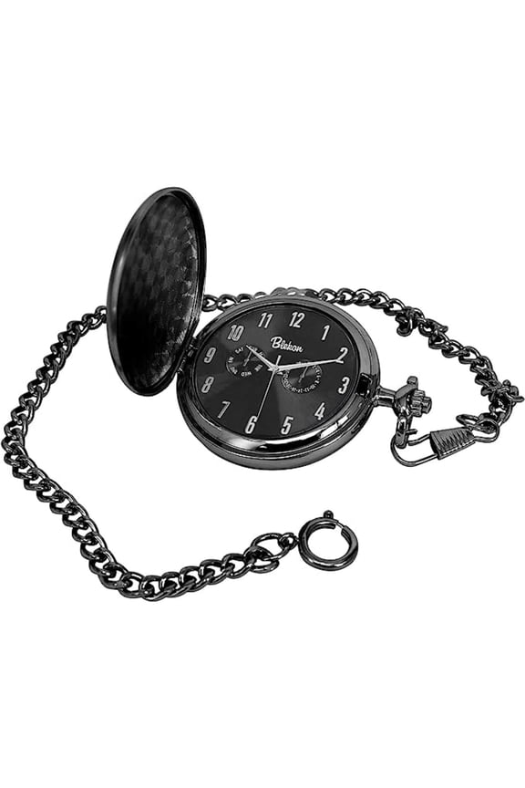 Classic Quartz Pocket Watch with Chain, Arabic & Roman Numerals, Date and Day, for Men and Women