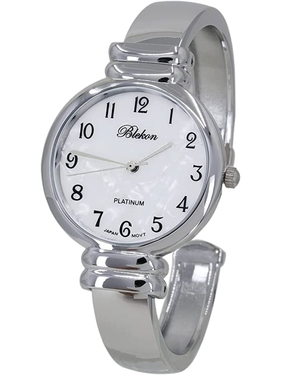 Women’s Faux Mother of Pearl Style Cuff Watch – 31mm Japanese Quartz, Hinged Bangle