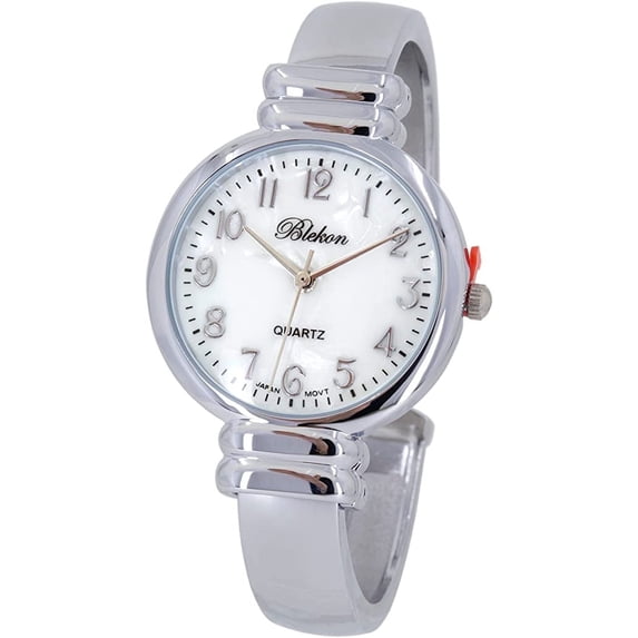 Blekon Original Mother Of Pearl Cuff Bracelet Watch For Women With 31mm Case, Japanese Quartz Movement, Metal Hinged Bangle Style Wrist Watch For Ladies