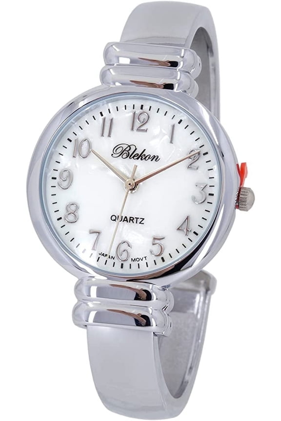 Original Mother Of Pearl Cuff Bracelet Watch For Women With 31mm Case, Japanese Quartz Movement, Metal Hinged Bangle Style Wrist Watch For Ladies