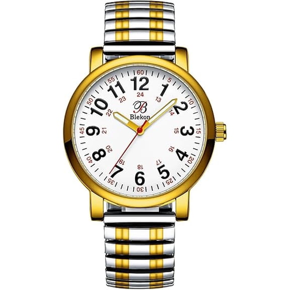 Blekon Original Nurse Watch - Silver Stretch Band, Easy Read Dial, Second Hand, Water Resistant Watch (Vertical-Two-Tone)
