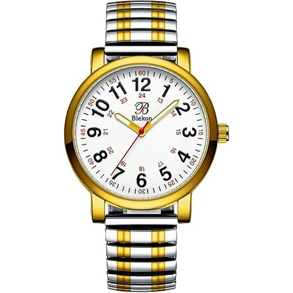 Blekon Original Nurse Watch - Silver Stretch Band, Easy Read Dial, Second Hand, Water Resistant Watch (Vertical-Two-Tone)