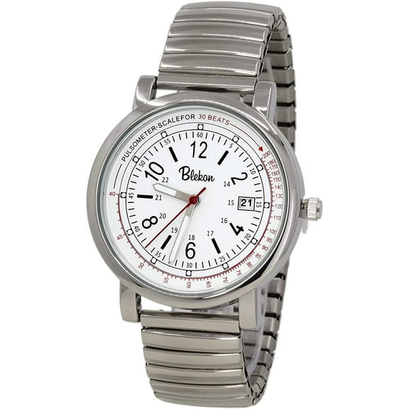 Blekon Original Nurse Watch - Silver Stretch Band, Easy Read Dial, Second Hand, Water Resistant Watch