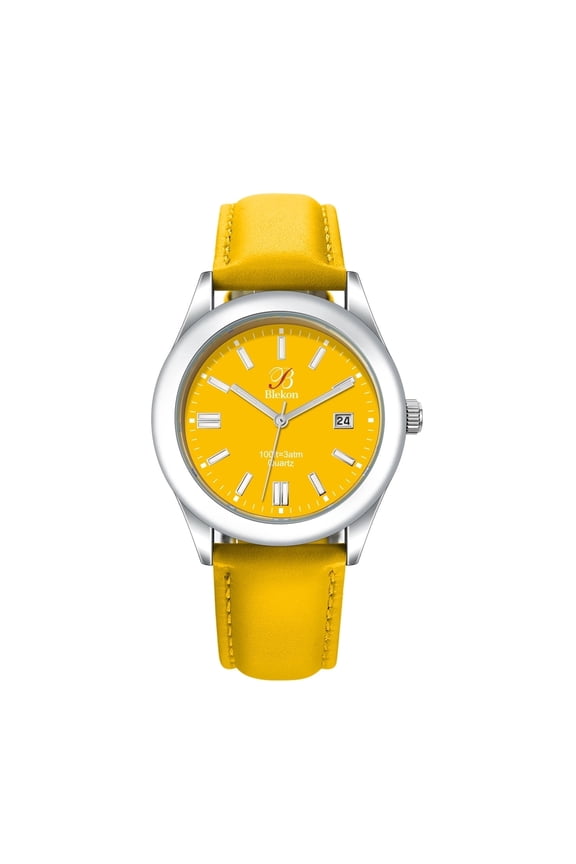 Original Men's Watch & Bracelet Set, Quartz Analog Watch with Yellow Leather Strap, Stainless Steel Bracelet, Date Display, 3 ATM Water Resistant Dress Wrist Watch
