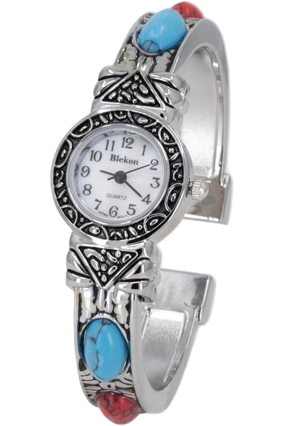 Stone Studded Watch for Women, 22mm Case Japanese Quartz Movement and Large Cuff Bangle, Best Fits Wrists Measuring 7-8 inches