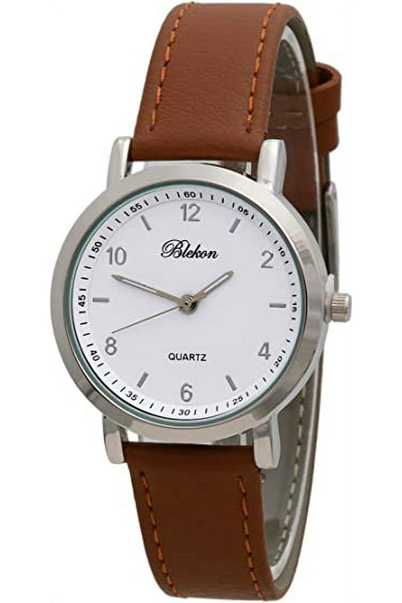 Women's 34mm Analog Watch: Classic Design, Stitched Leather Strap