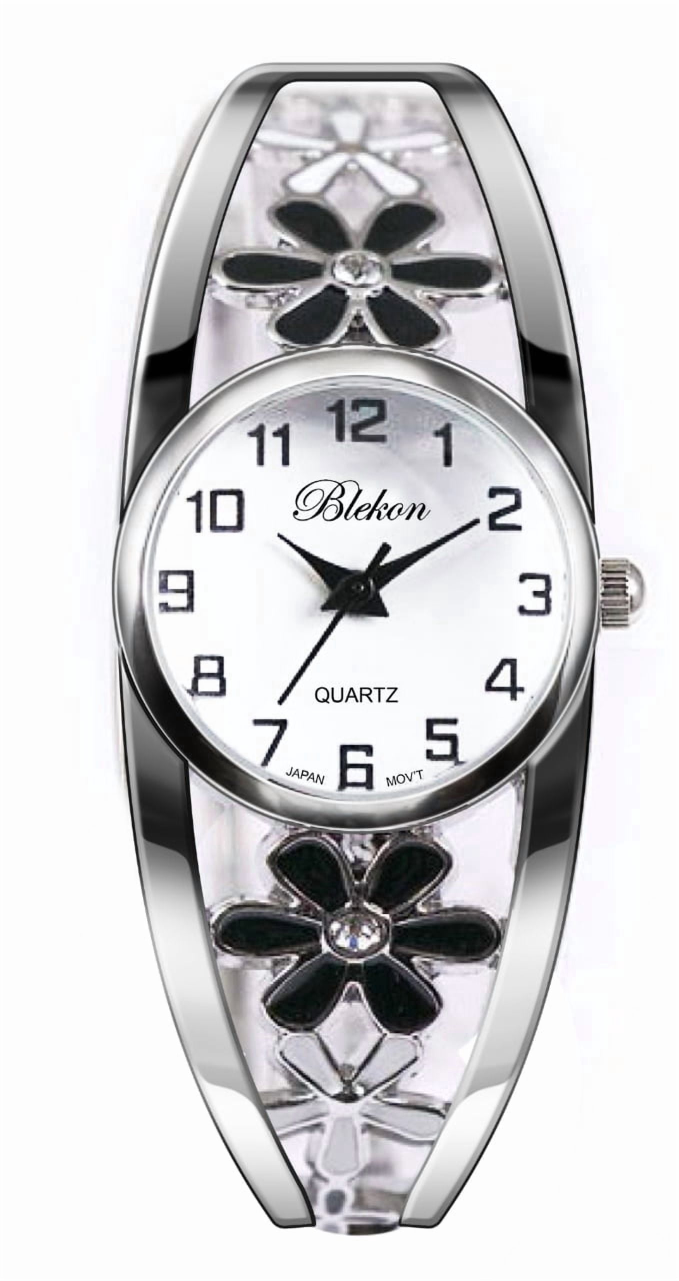 Blekon Women’s Cuff Bangle Watch With Elegant Silver Bracelet, Flower Design Dial, Fashion Jewelry Timepiece