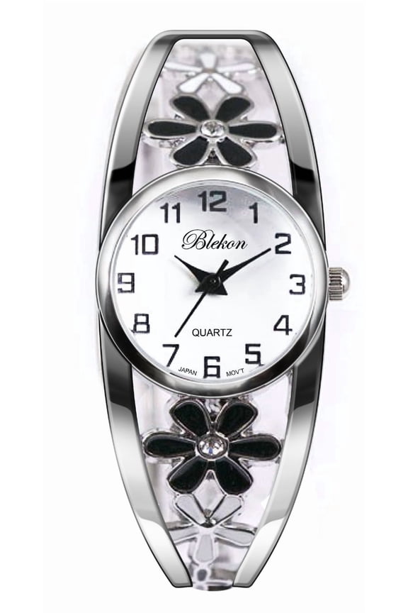 Women’s Cuff Bangle Watch With Elegant Silver Bracelet, Flower Design Dial, Fashion Jewelry Timepiece