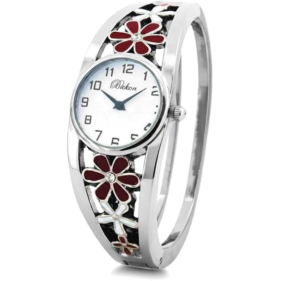 Women’s Cuff Bangle Watch – Elegant Silver Bracelet Watch with Flower Design, Fashion Jewelry Timepiece for Women – Stylish Gift, Multiple Colors