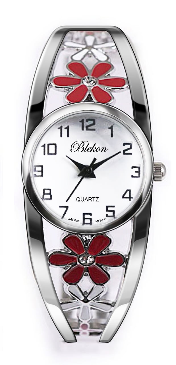 Blekon Women’s Cuff Bangle Watch – Elegant Silver Bracelet Watch with Flower Design, Fashion Jewelry Timepiece for Women