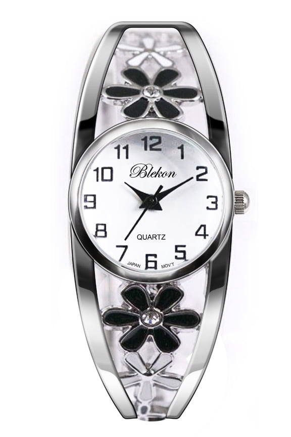 Women’s Cuff Bangle Watch – Elegant Silver Bracelet Watch with Flower Design, Fashion Jewelry Timepiece for Women