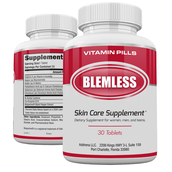 Blemless Skin Care Supplement- Designed for Oily Skin and Blemishes for Women, Men, and Adults with Vitamin A, B5, and Selenium | 30 ct