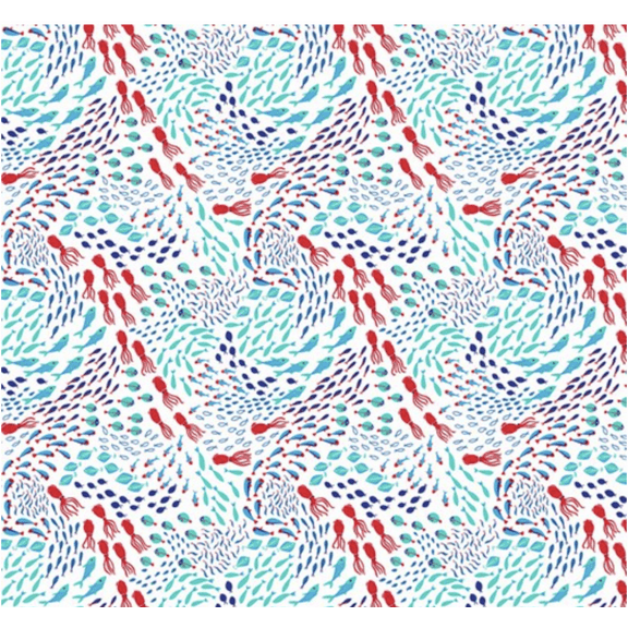 Blend Textiles Katy Tanis Northern Seas Squids & Fish White Cotton Fabric By The Yard