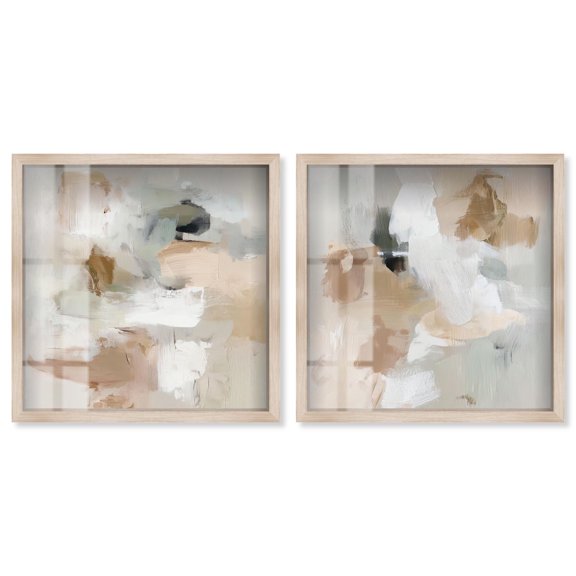 Blended Forms Duo Shadowbox Print Neutral Wall Decor Set by Art Remedy, Blonde Frame, 12 x 12
