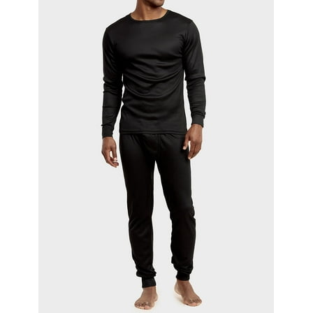 Blended Men's 100% Polyester Thermal Waffle Knit Base Layer Top & Bottom, Black