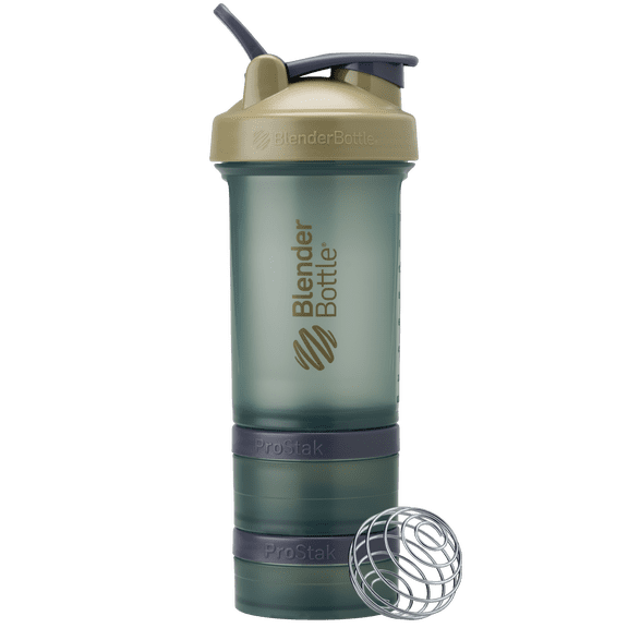 BlenderBottle ProStak Shaker Bottle with Storage Compartment, 22 oz, Leakproof Lid, Wire Whisk Ball, BPA-Free, Green (Coastal)