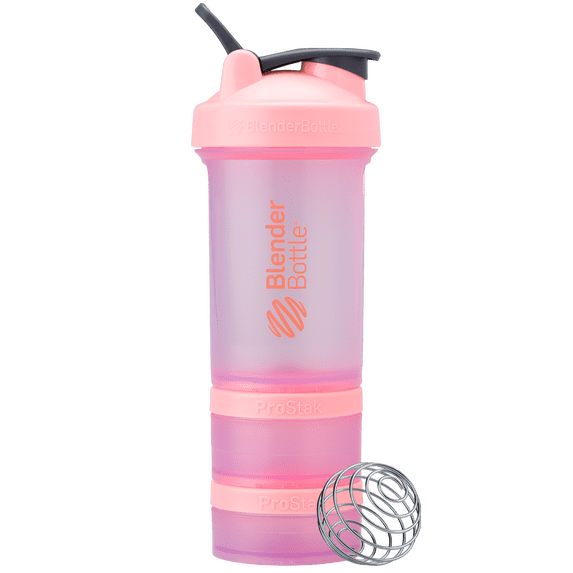 BlenderBottle ProStak Shaker Bottle with Storage Compartment, 22 oz, Leakproof Lid, Wire Whisk Ball, BPA-Free, Pink (Lilac)
