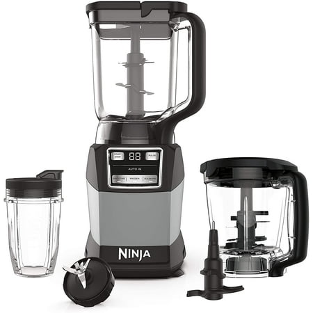 Blender, Compact Kitchen System, 1200W, 3 Functions for Smoothies, Dough & Frozen Drinks with Auto-IQ, 72-oz.* Blender Pitcher, 40-oz. Processor Bowl 18-oz. Single-Serve Cup, Grey, AMZ493BRN