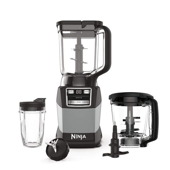 Blender, Compact Kitchen System, 1200W, 3 Functions for Smoothies, Dough & Frozen Drinks with Auto-IQ, 72-oz.* Blender Pitcher, 40-oz. Processor Bowl & 18-oz. Single-Serve Cup, Grey, AMZ493BRN