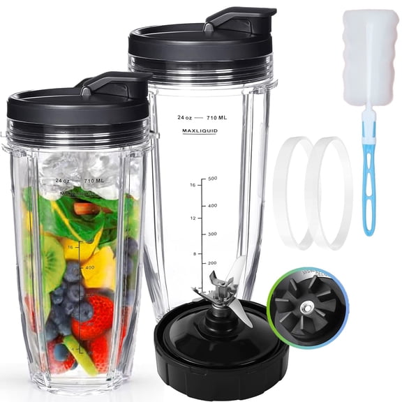 Blender Replacement Parts for Ninja, 24oz Ninja Blender Cups with To-Go Lids, 7 Fins Extractor Blade, Compatible with Nutri Ninja Auto iQ Blenders BL2012 BN801 BL480-30 BL640-30 BL642-30 NN100-30