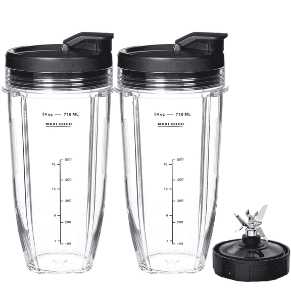 Blender Replacement Parts for Ninja 24oz Ninja Blender Cups with To-Go Lids & 7-Fins Extractor Blade for Nutri Ninja Auto iQ BN801 BL480-30 BL640-30 BL642-30 NN100-30 BL2012