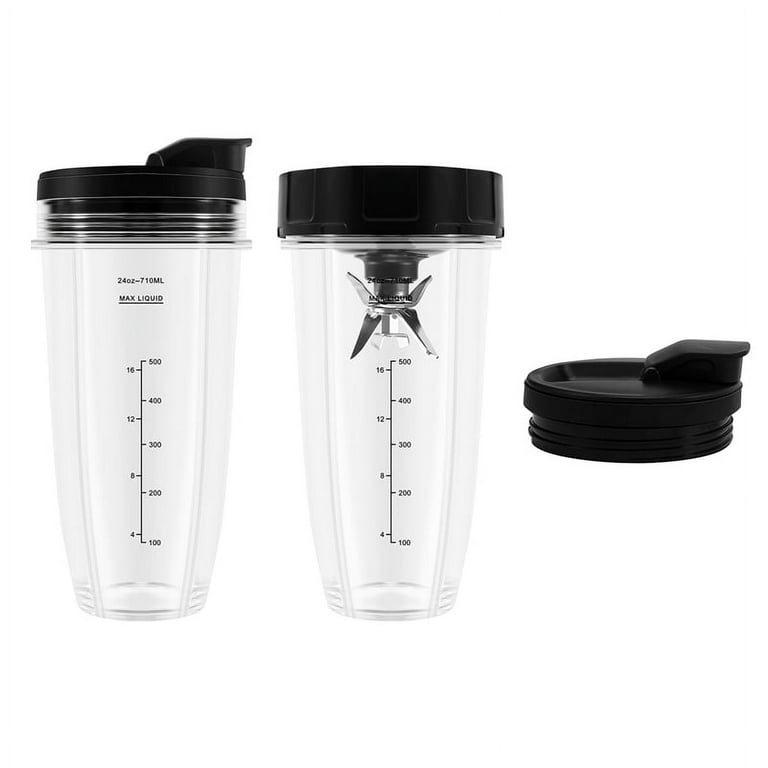 Blender Replacement Parts for Ninja, 2 24oz Cups with To-Go Lids, 7 Fins Extractor Blade, for Auto IQ, Clear