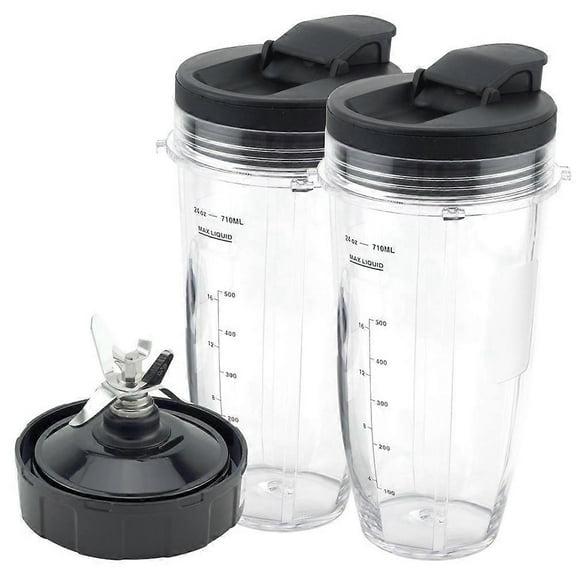 Blender Replacement Parts for Ninja, 2 24Oz Cups with To-Go Lids, 7 Fins Extractor Blade, for Nutri