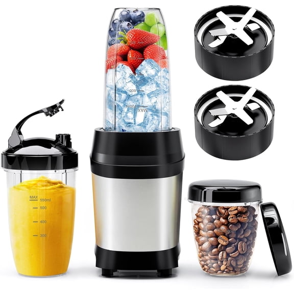 Blender for Smoothies, 1200W Smoothie Ice Crushing, Blenders with (2) 6-Fin Blades, Personal Kitchen 23oz, 32oz, 37oz Easy Go Cups Juices, Silver