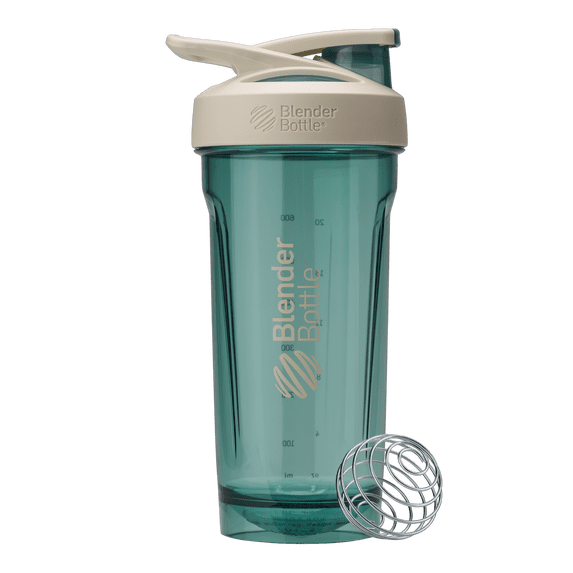 BlenderBottle Strada Shaker Bottle, 28 oz, Tritan Plastic, Leakproof Flip Cap, Wire Whisk Ball, BPA-Free, Green/Tan