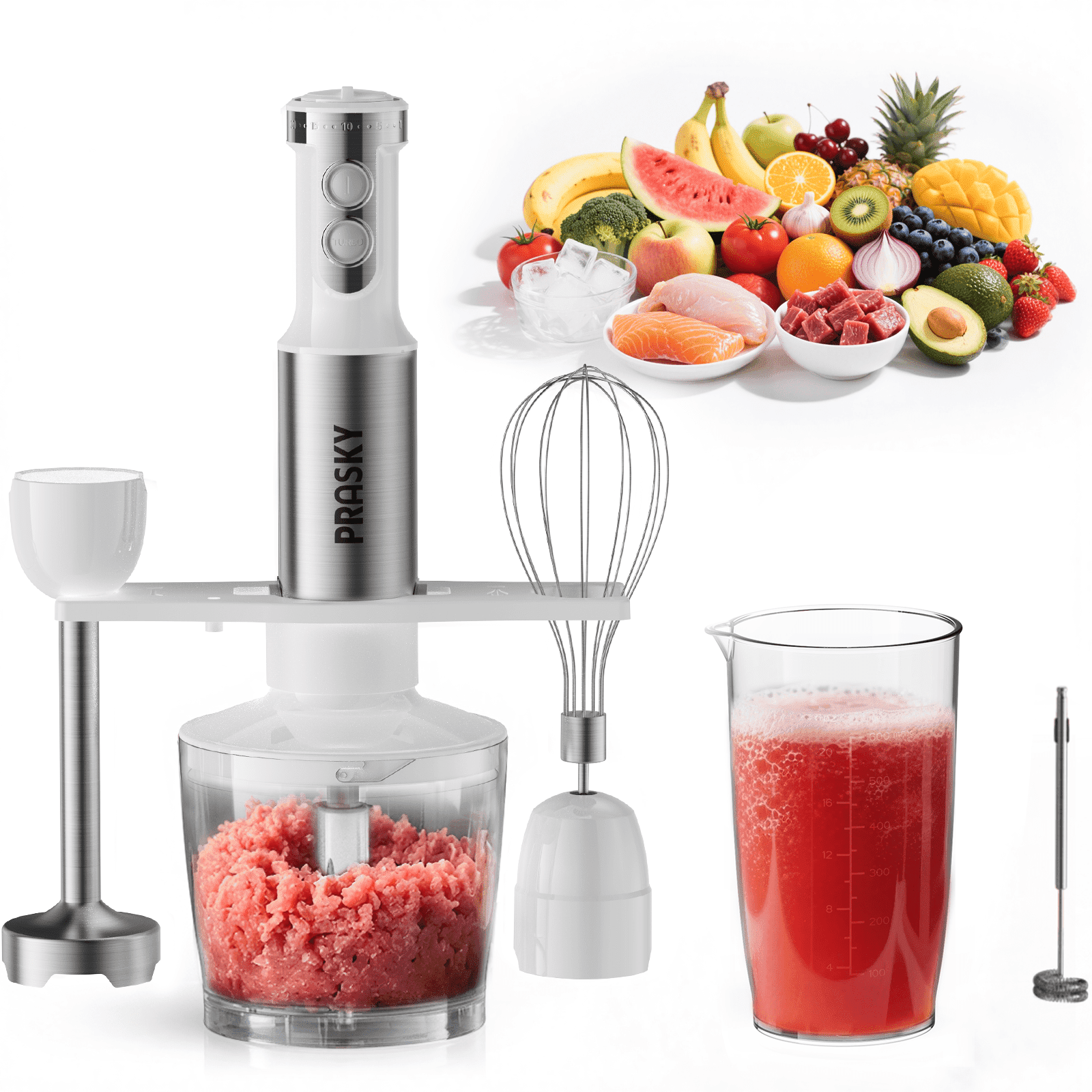 PRASKY Immersion Hand Blender, 6-in-1 Handheld Blender for Kitchen, 20 Speeds Food Processor, Egg Whisk, Milk Frother, Beaker (White)