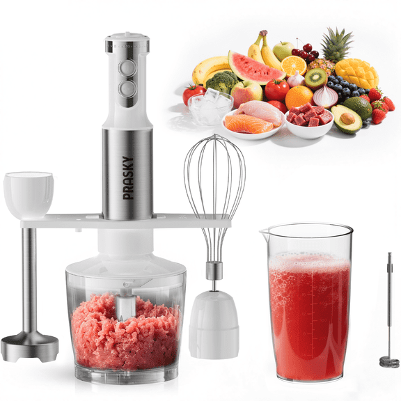 PRASKY Immersion Hand Blender, 6-in-1 Handheld Blender for Kitchen, 20 Speeds Food Processor, Egg Whisk, Milk Frother, Beaker (White)