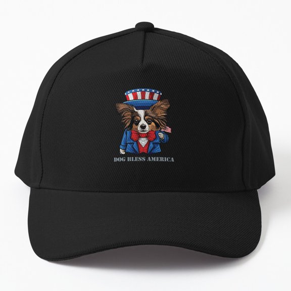 Bless America Papillon Baseball Hat, Independence Day Canine Fourth of July Gift Cap