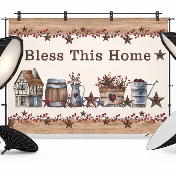 Bless This Backdrop for Photography, Home Farmhouse Country Star Barn Bucket Berry Photo Backdrop Portrait Background Party Banner Photo Backgrounds for Studio Booth Props, 7x5ft