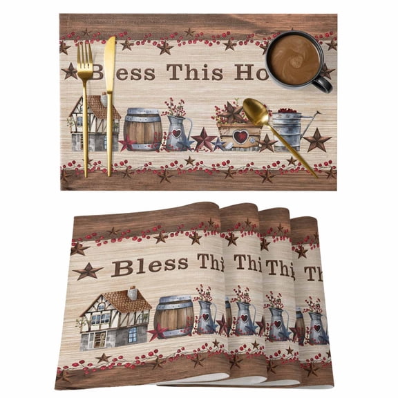 Bless This Cotton Linen Placemats Set of 6, Home Farmhouse Country Star Barn Retro Wood Grain Washable Table Place Mats Heat Insulating Placemat for Dining Room Kitchen Daily Use 13 x 19 Inch