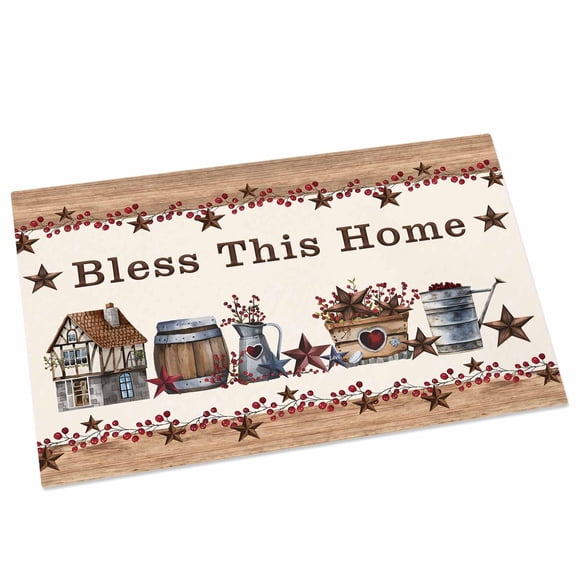 Bless This Door Mat 20x31.5 Inch Home Farmhouse Country Star Barn Bucket Berry Entryway Rug with Non-Slip Rubber, Front Door Rug Indoor Floor Mats for Living Room Bathroom Bedroom Home Office