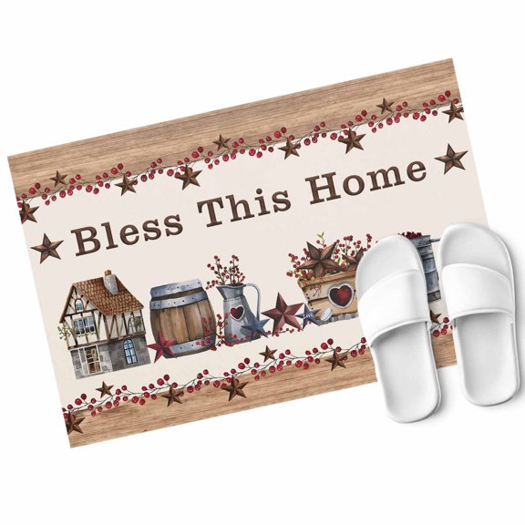 Bless This Door Mat Home Farmhouse Country Star Barn Bucket Berry Non Slip Absorbent Entrance Mat Washable Low Profile Indoor Doormat for Front Door Entryway Entry 16"x24"