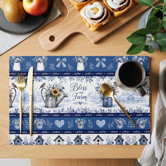 Bless Our Farm Placemats Set of 1, Blue Country Farmhouse Sunflowers Birds Leaf Stripe Non-Slip Place Mats Washable Table Mats for Kitchen Dining Table Decorations Indoor/Outdoor