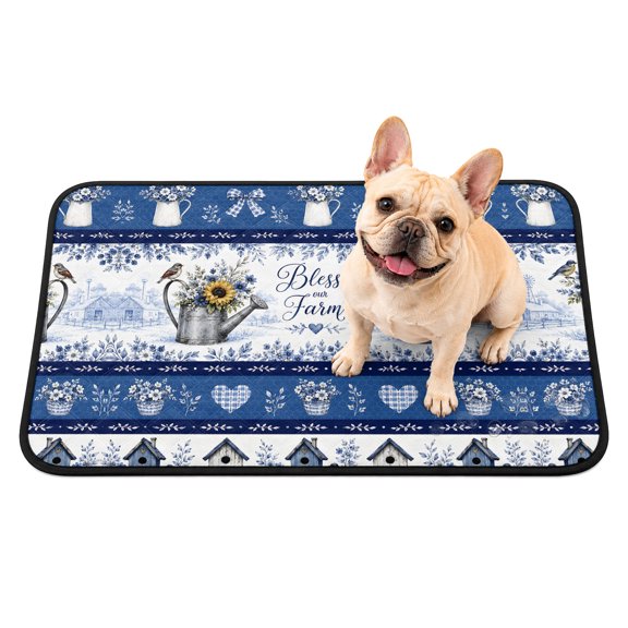 Bless Our Farm Washable Pee Pads for Dogs Blue Country Farmhouse Sunflowers Birds Leaf Stripe Non-Slip Pet Pads Waterproof Puppy Training Mat Soft Dogs Cats Pee Mat for Bed Crate Playpen 36"x24"