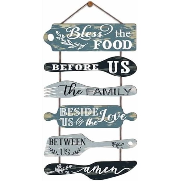 Bless the Food Before Us Farmhouse Kitchen Wall Decor - Dining Room Decorations Collage Wall Art in Neutral Teal/Aqua Color - Wooden Rustic 6pcs Roped Sign 25x14 Inches Vertical