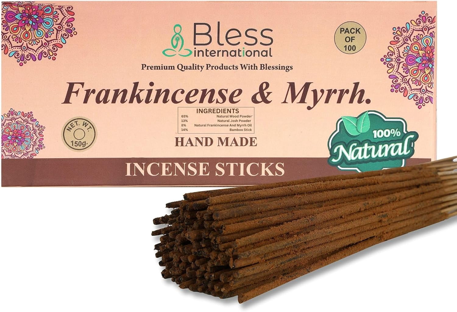 Bless-Frankincense-and-Myrrh 100%-Natural-Handmade-Hand-Dipped-Incense-Sticks Organic-Cicals-Charcoal-Free Purification-Relaxation-Positivity-Yoga-Meditation Best--Scent (100 Sticks (5.25 OZ))