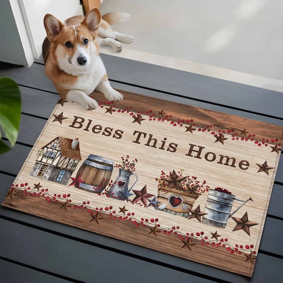 Bless This Front Door Rugs 2x3 ft Home Farmhouse Country Star Barn Retro Wood Grain Small Rug for Entryway Non Slip Washable Bathroom Door Mat Absorbent Floor Mat for Indoor Entrance