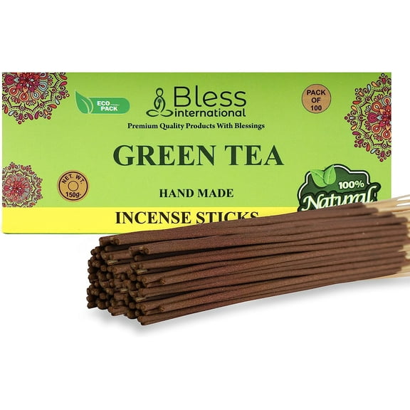 Bless-GREEN-TEA-Incense-Sticks 100%-Natural-Handmade-Hand-Dipped-Incense-Sticks Organic-Chemicals-Free For-Purification-The-Best-Woods-Scent (100 Sticks(150GM))
