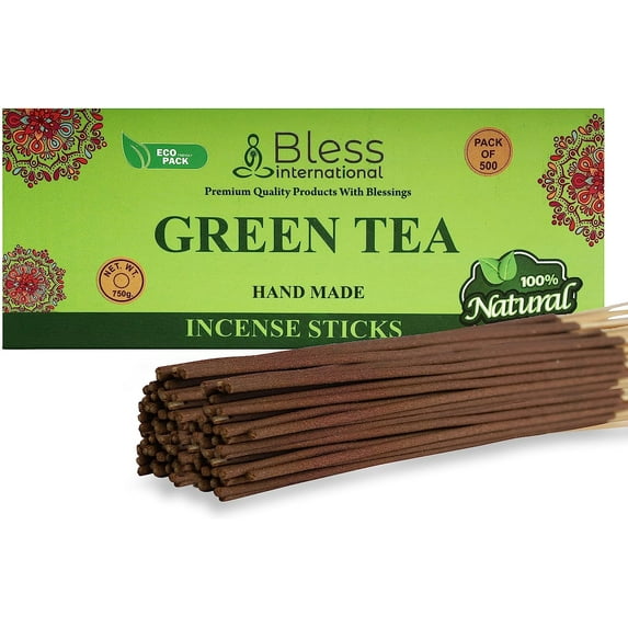 Bless-GREEN-TEA-Incense-Sticks 100%-Natural-Handmade-Hand-Dipped-Incense-Sticks Organic-Chemicals-Free For-Purification-The-Best-Woods-Scent (500 Sticks(750GM))
