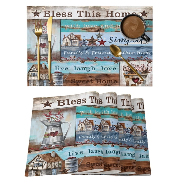 Bless This Home Cotton Linen Placemats Set of 1, Farmhouse American Country Wood Grain Washable Table Place Mats Heat Insulating Placemat for Dining Room Kitchen Daily Use 13 x 19 Inch