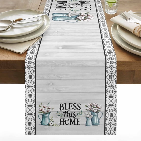 Bless This Home Cotton Linen Table Runner Spring Watercolor Cotton Leaf Vase Wood Grain Grey Plaid Dining Table Runners for Home Decor Party Dining Room Restaurant Kitchen 13" x 36"