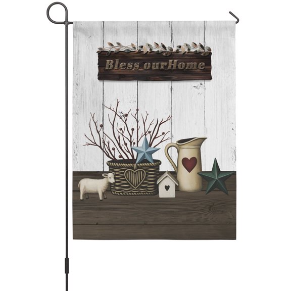Bless Our Home Garden Flags For Outdoor, Blue Star Sheep Branch Pots White Woos Striped Small Double Side Yard Flags Weather Proof Garden Decor for Lawn Outside Holiday 12 x 18 Inches