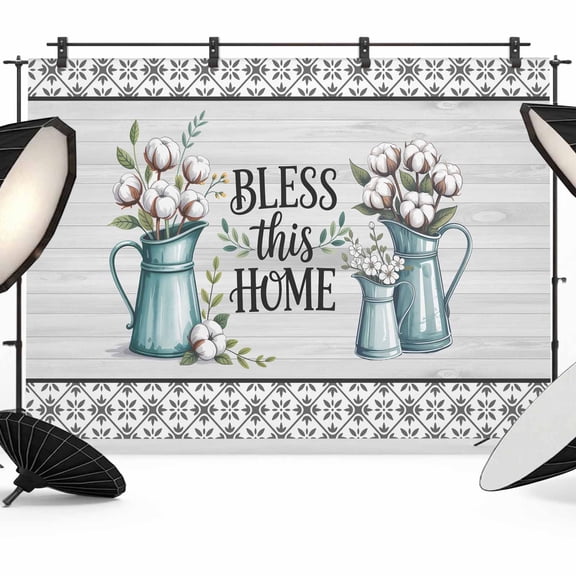 Bless This Home Photography Backdrop 7x5FT, Spring Watercolor Cotton Leaf Vase Wood Grain Grey Plaid Photo Backdrops, Background for Photography Studio, Back Drop for Photoshoot
