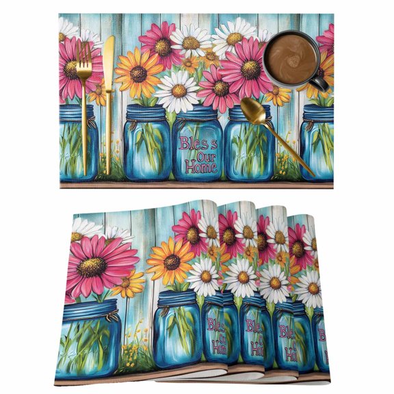 Bless Our Home Placemats Set of 1, Red Yellow Flowers Flowers Wood Grain Non-Slip Place Mats Washable Table Mats for Kitchen Dining Table Decorations Indoor/Outdoor