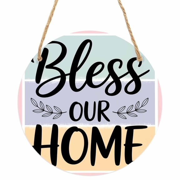Bless Our Home Round Front Door Welcome Sign, 5.9 Inch Wall Hanging Decor for Indoor Outdoor, Wheat Color Black Stripes Aesthetic Home Porch Hanger Decorations for Holiday Gift