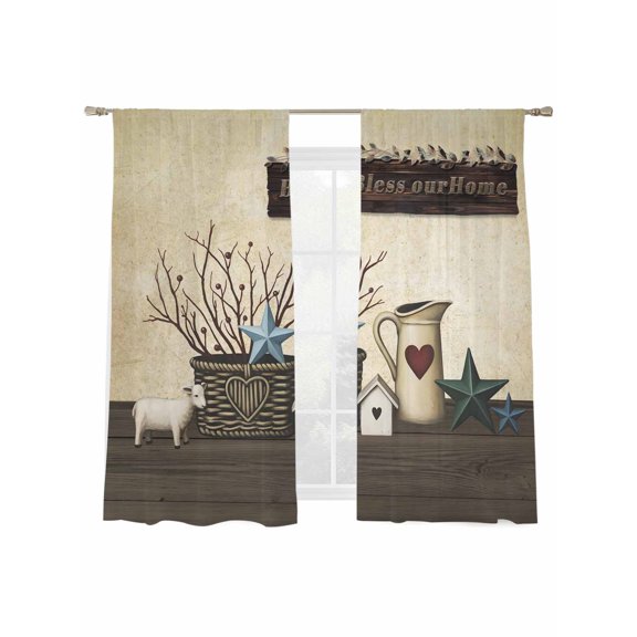 Bless Our Home Sheer Curtains 2 Panels Set Blue Star Sheep Branch Pots Vintage Farm Sheer Window Curtains Light Filtering Rod Pocket Voile Drapes for Bedroom Living Room 52"x63"